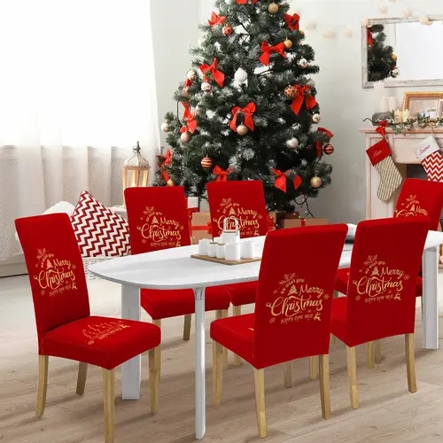 Christmas Print Chair Covers Set, Stretchable Detachable Dining Room Decor, Perfect Holiday Gift for Home Party Hotel Use, Chair Covers For Dining Chairs