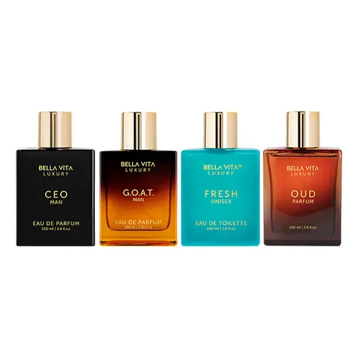 The Legendary League by BellaVita Luxury | 4x100 ml Perfume Set | CEO Man, G.O.A.T. Man, Fresh & Oud | Luxury Unisex Perfume for Men & Women | Long Lasting, Citrus, Woody, Musky, Sweet & Floral Notes | Luxury, Vegan & Cruelty Free Eau De Parfum Captivatin