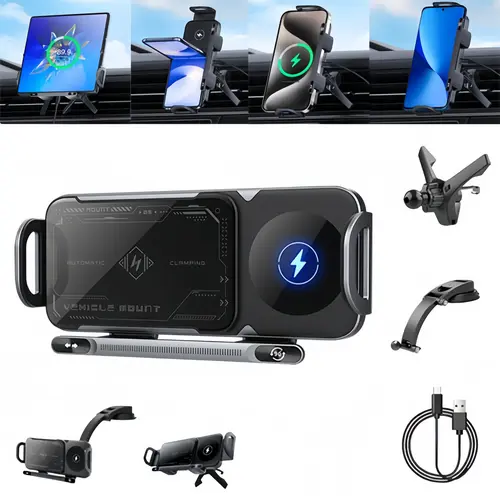 Wireless Car Charger, Auto Clamp Car Charger, Phone Charging Phone Holder Car Gadgets for Smartphone Mount, Car Accessory Items, Multifunctional Charger, suitable for 6-7.2-inch mobile phones,Under 18cm Tablets,Father 's Day great gift, Mobile Holder, C