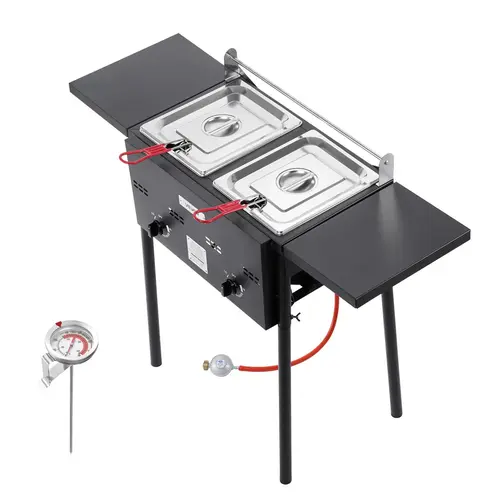 【toolupgrade】VEVOR 16qt/4gal Outdoor Propane Oil Fryer - Commercial Floor Standing Dual Cooking Fryers with Independent Controls, 2 Nickel-Plated Baskets for Fry Swap, Fold-Flat Dual Side Tables, Hook
