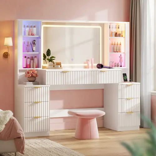 Sikaic Large Makeup Vanity Desk with Mirror, Fluted Wood Vanity with LED Lights (Sound Sync), 8 Drawers & Charging Station, Modern Dressing Table for Women & Girls, cozy home familyfun [TikTokShopblackfriday]