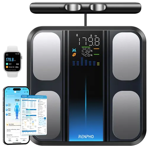 RENPHO 8-Electrode Rectangular Digital Weight Scale with MorphoScan Base, Bluetooth, Segmental Scan, 0.3kg Precision, 130-Day Battery Life for Daily Habits, Tempered Glass, 400lb Capacity, Printable Reports, Batteries Included, Gym Healthcare Tool Gift