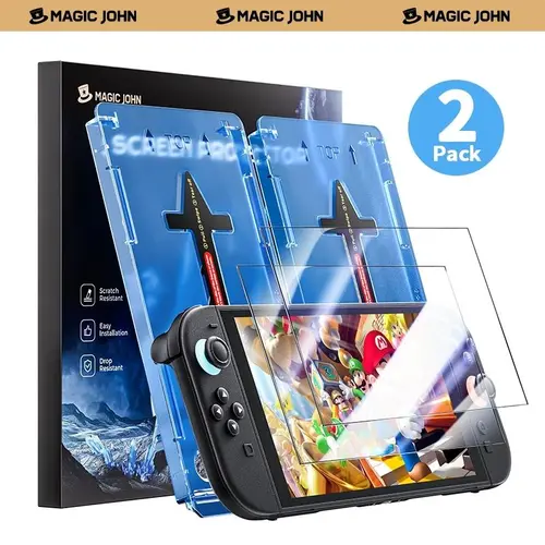 MAGIC JOHN Auto-Alignment OneTouch Ultra Hard Screen Protector & Foil for 2025 7.9 in Nintendo Switch 2, Auto-Align Snap Accessory, 30s Installation, Bubble-Free, Anti-Scratch, Smooth, 99.99% Smudge-Free, Touch-Sensitive, Ultra-Clear, Tempered Glass