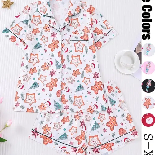 【Christmas】Women's Christmas Pajama Set, Cute Gingerbread Man Print, Button Front Short Sleeve Top & Loose Shorts, Casual All-Season Sleepwear