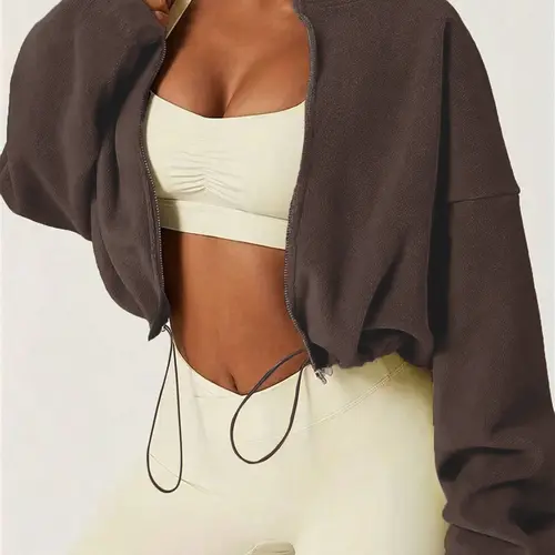 Women's Autumn Winter Fleece Jacket, Stand Collar Zipper Pocket Design, Adjustable Drawstring, Casual Warm Loose Short Coat for Ladies, Daily Wear Outerwear