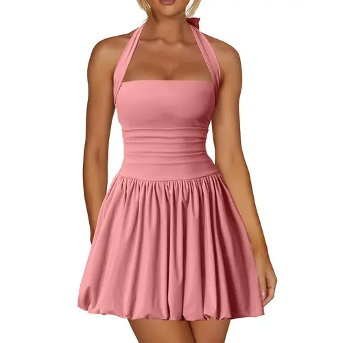 Kaximil Women's Snatched Halter Mini Dress Built-in Shorts Stretchy Active Fabric Backless A-Line Sun Dress Spring Break & Graduation Party Outfits Flowy Ruffle Hem Fit & Flare Dress