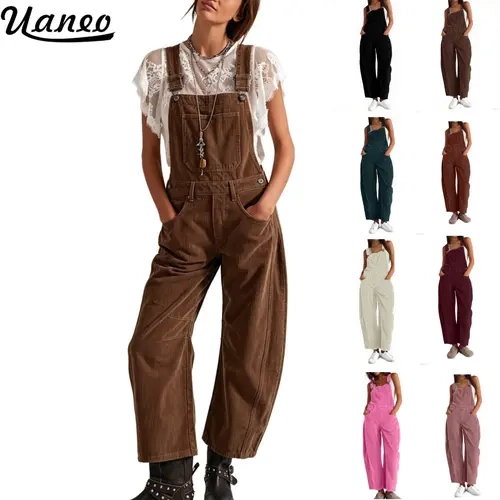UANEO Corduroy Overalls for Women Barrel Wide Leg Bib Corduroy Pants Women Adjustable Romper Jumpsuit with Pockets