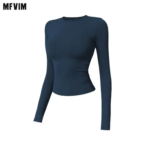 MFVIM Women's Nylon Blend Crew Neck Plain Athletic Gym Yoga Tops - Long Sleeve Tight Lightweight Compression Activewear, Quick Dry Gym Exercise Outfit Tee for Yoga, Fitness