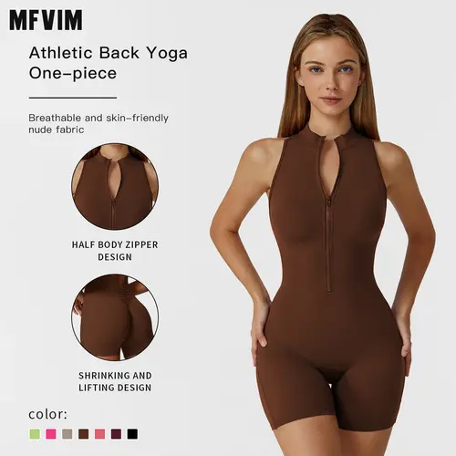 MFVIM Women's Sporty Solid Color Jumpsuit - 2025 Cooling Breathable Spandex Shrink-and-Lift Stretch Fabric, Half-Zipper Short Bodysuit, Gym Yoga Workout Apparel, Cold Wash Do Not Dry Clean Summer Activewear