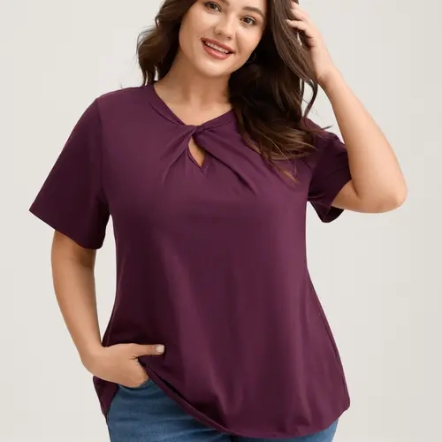 BloomChic Knotted Cut-Out Neckline Solid T-Shirt 【M-6XL】