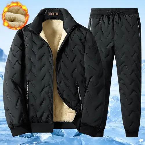 Men's 2-Piece Plaid Casual Fleece Clothing Set - Long Sleeve, Polyester, Windproof, Thick Insulation, Loose-Fit Co Ord, All Seasons, Fitted Compatibility, Athletic Warmth, Cold Wash Safe Menswear