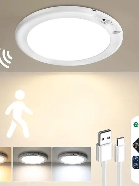 Rechargeable Motion Sensor Ceiling Light with Remote - Magnetic Wireless Battery-Powered, Auto Shut-Off Automatic Light, Ceiling-Mounted Changing Rechargeable Spot for Closet, Stairs, Motion Sensor Ceiling Lights