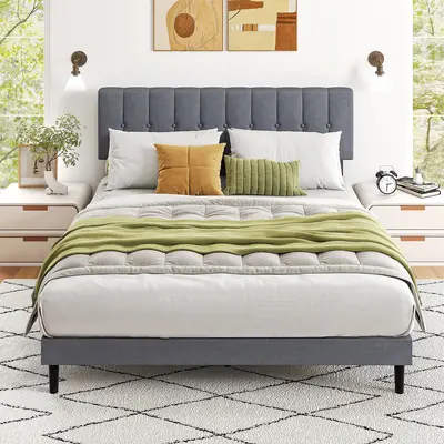 Sweetcrispy S-Linen Upholstered Platform Bed Frame with Headboard - Space-Saving Upholstered Bed Frames, Contemporary Bedroom Furniture for Apartments, Twin/Full/Queen Sizes, Sponge, Density Board, Iron Components, Bed With Headboard