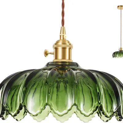 Glass Pendant Light Vintage Light Fixtures (No Bulb Included) Glass Pendant Lights Kitchen Island, Gold Pendant Light, Modern Chandelier Pendant Shade Green Light Fixture for Bedroom Hotel Dining Room