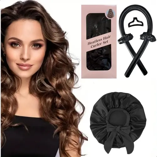 GJFTP Heatless Hair Curler & Silk Satin Bonnet Sleeping Cap Set - Hair Curling Rods Overnight Curl Kit with Simple Overnight Routine, No Heat Styling for Straight to Waves Transformation