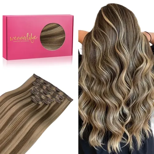 WENNALIFE Clip in Hair Extensions 120g-150g Balayage Chocolate Brown to Caramel Blonde Remy Hair Thicker Double Weft Extensiones Clip In Real Hair Coloured #sohochic #TikTokShopFallDealsForYou