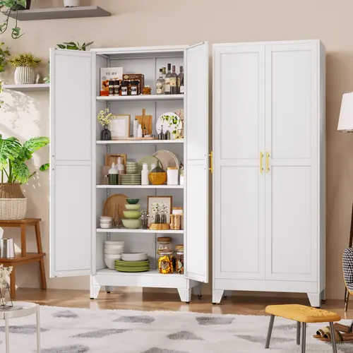 Metal Pantry Cabinet with 2 Doors and Adjustable Shelves - 71" Kitchen Storage Cabinet with Gold Handles - Versatile Storage for Kitchen, Bathroom, Dining Room, Utility Room - White