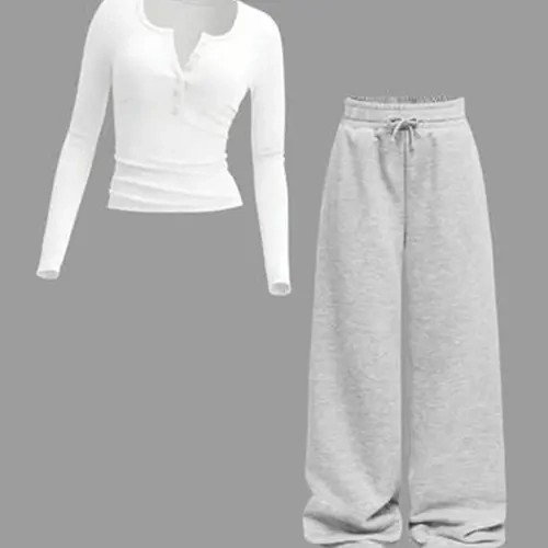 Women's Long Sleeve Round Neck Top and Drawstring Waist Wide Leg Pants Set, Casual Workout Loungewear, Yoga Outfit, Stretchable Sports Activewear, Athleisure Activewear Clothing