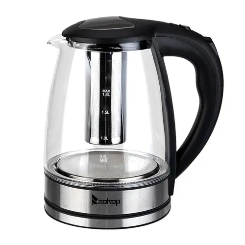 ZOKOP 1200W Thermostatic Electric Kettle, 1.8L Glass Body with US Plug 120V 50-60Hz, 304 Steel Heating, LED Lights, 5-Min Automatic Shut-Off, Boil-Dry Protection, Overheat Guard, BPA-Free, Spill-Proof Pour, 360° Easy Docking Cord for Kitchen Coffee, Tea