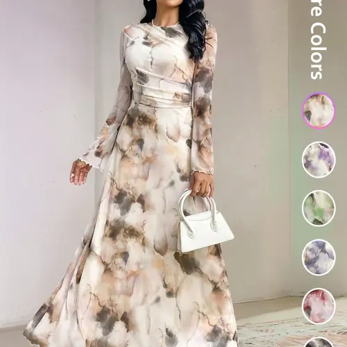Elegant Women's Tie-Dye Print Long Sleeve Round Neck Maxi Dress, Empire Waist Dress, Multicolor Dress, Womenswear Party Wear Formal Ball Gown, Ladies Fashionable Chic Evening Dresses, Elegant Modesty Dress