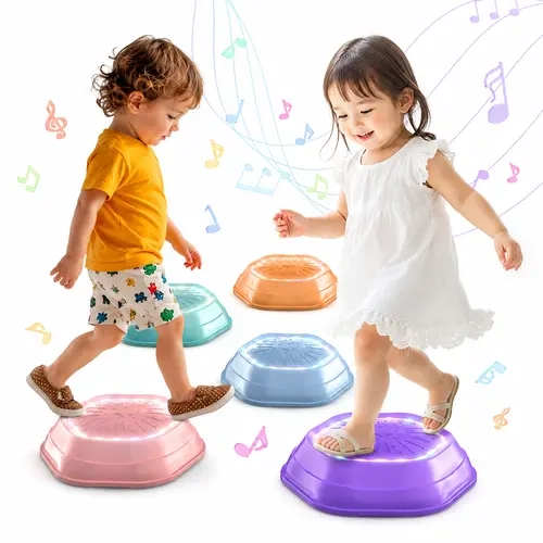 Holyton 5-Piece Unisex Musical Sensory Stepping Stones - Non-Slip Colorful Soft Light-Up Design, PVC-Free, Indoor/Outdoor Kids Toys Play, Encourages Balance, 3 Years and Up Children Gift Toy, AA, 13.1x12.1x7.6in