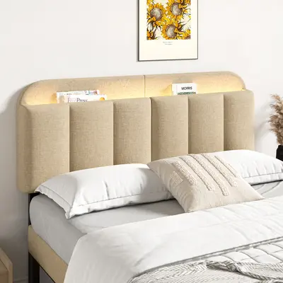 ONBRILL Adjustable Bed Headboard for Full/Queen Bed Frames - Linen Fabric-Covered, Durable, Easy Setup, Height-Adjustable Headboard with Storage & RGB LED Light, Modern Vertical Channel Design, Adjustable Bed Headboards, Durable Headboards