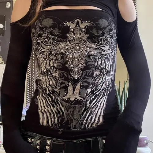 Women's Dark Vintage Print Y2K Hollow Out Shoulder Slim Fit Long Sleeve Knit T-Shirt, Casual Fashion Top for Spring & Fall Seasons