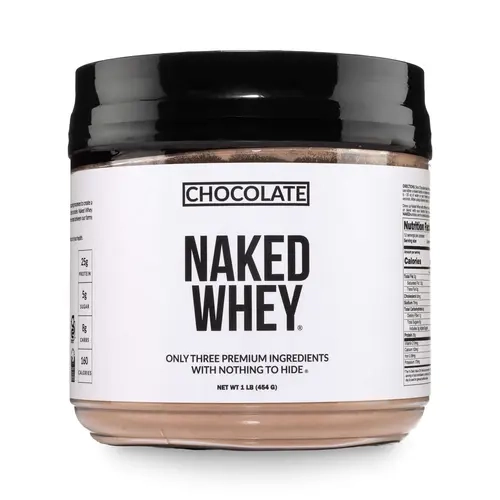 Naked Whey Chocolate Protein Powder - 1LB Grass-Fed, Non-GMO, No Additives, 25g Protein, 5.9g BCAAs - Only 3 Ingredients