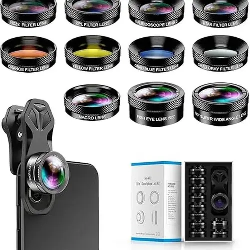 APEXEL 11-in-1 Mobile Lens Value Bundle - Wide-angle & Macro Lens, Fisheye Lens, Kaleidoscope Filter, Polarizing Filter, Color Filters, and More for iPhone and Android Phones - Mobile Accessories, Ideal for UGC Creators, Christmas Gift