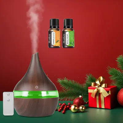 300ml USB Powered Humidifier & Essential Oil Diffuser, Wood Grain Design Cool Mist, Includes 2 Aroma Oils for Home, Office