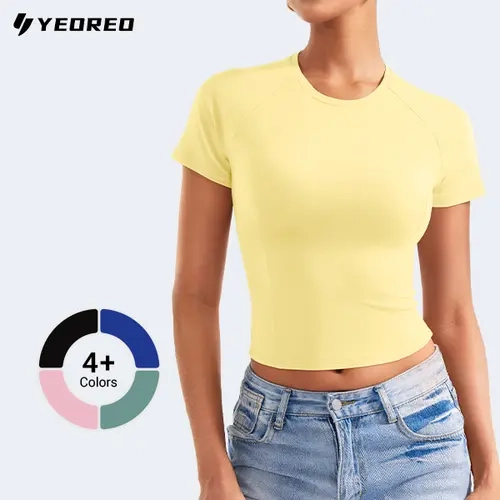 YEOREO Women's Fitted Crew Neck Short-Sleeve Cotton Athletic Top - 8% Spandex Stretch, Quick-Dry, Breathable, Moisture-Wicking, Raglan Sleeve Shirt for Casual Gym Streetwear Athleisure