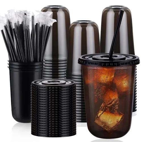 Disposable 400ml Black PET Plastic Cups with Lids & 7.4" Straw Reaches - 50/100 Event-ready Sets, Lightweight, Leakproof, Sturdy Base, Round-bottom, 0-500ml Capacity, Perfect for Halloween & Coffee Events, Color-enhancing Kitchen Drinkware
