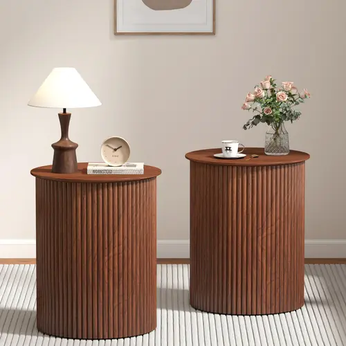 Giratree Small Round Side Table Fluted Night Stand, Mid Century Modern End Table, Circle Bedside Tables Wood Nightstands for Small Spaces, Living Room, Bedroom