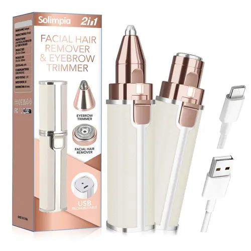 SOLIMPIA Women's Mini 2-in-1 Face+Eyebrow Electric Hair Remover & Trimmer, Battery Powered, USB-Rechargeable, Portable, LED Light, Smoothing for Face, Neck, Cheeks, Lip, Chin, Ideal for Daily Use