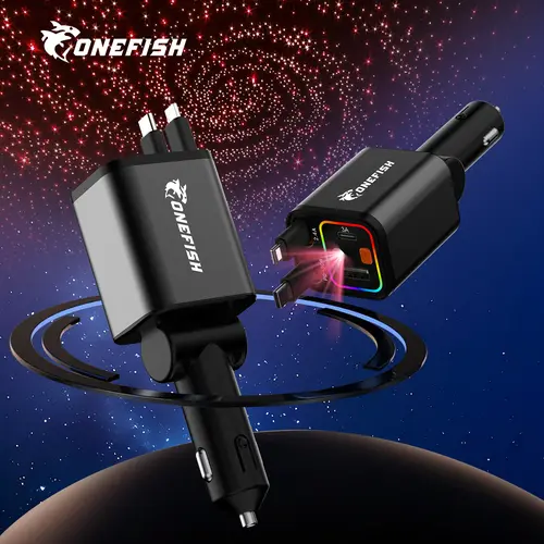One Fish Starlight In Roof, 4-in-1 Retractable Car Charger,Red Starry Sky Ceiling,30W Fast charging Cablewith USB A, Type C, Automotive car charger led light Vehicle.