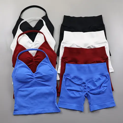 Impact Seamless Yoga Set Women 2Pcs Padded Halter Tank Top Scrunch Butt Lifting Gym Shorts Set Summer Sportswear Workout Clothes Sporty High Stretch Breathable Outfits Sporty High Stretch Sporty Breathable Outfits