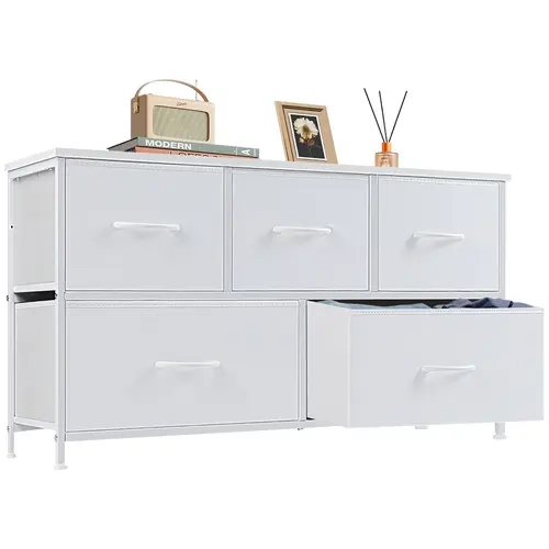 Sweetcrispy 5-Drawer Rectangular Fabric Dresser Storage Unit - Wood, Adjustable Indoor Cupboard Cabinet, 66lb Capacity Bedroom Dresser with Room for T-Shirts, Jeans, and Socks