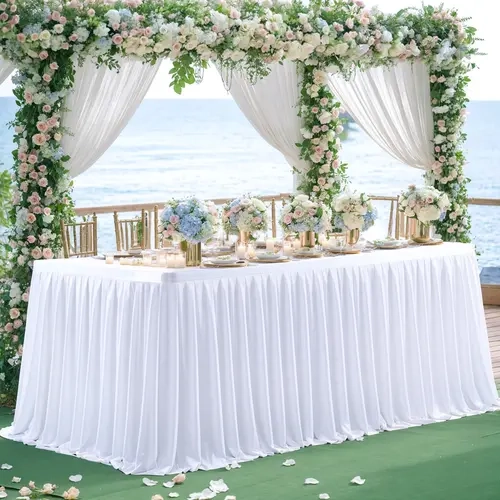 2-Pack Elastane Stretch White Ruffled Table Skirts - 6ft (72in x 30in) Front-Only Overlay, Wrinkle-Resist Look Pleated Rectangle, 9ft Multi-Size Table Cover for Weddings, Birthday Party Decoration, Decorations Supplies