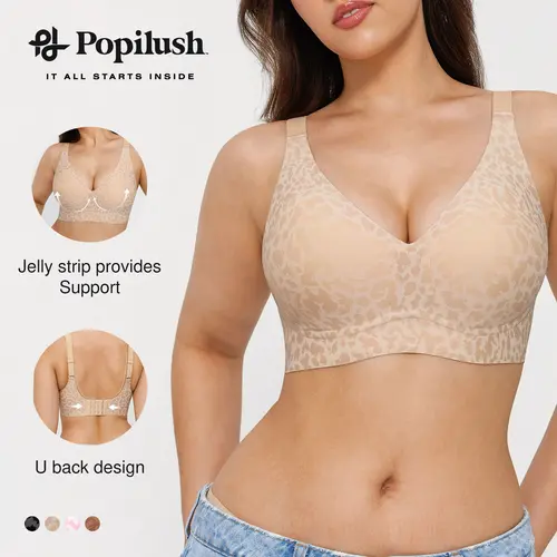 Popilush Women's Fashion Jelly Wireless Bra - Cooling Everyday Bra with Seamless Molded Cups, Adjustable Strapless V-Neck, Strong Support, Ultra Comfort Fit & Leopard Print Fabric