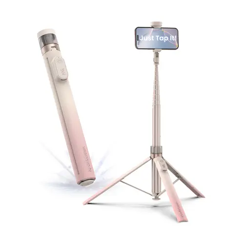 KraftGeek JustTap Ombré Peach Aluminium Wireless Mobile Selfie Stick-Tripod Stand, 66in Max Height, Tap-to-Open, Built-in Cold Shoe, 33ft Bluetooth Remote, Slim Foldable, Lightweight Smartphone Camera Accessories for iPhone/Samsung Vlogging