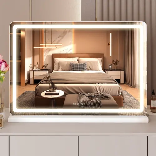 Sweetcrispy Classic LED Lit Rectangle Adjustable Vanity Mirror for Beauty Enthusiasts - Touch Screen Control, 3-Mode Glow, 10x Magnifier, Detachable Tabletop Base, Touch Dimmable, Ideal for Bedrooms, Desks
