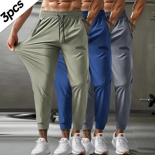 Men's 3PCS Fitted Athleisure Track Pants Sweatpants - Elastic Waist with Drawstring, Zipper Pockets, Breathable High-Elastic Fabric, 9-Point Length Supportive Stretch Stretch-Fit Active Performance Pants for Outdoor Running, Gym