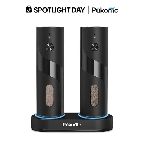 PUKOMC 2-Pack Black Set Electric Salt and Pepper Grinders - Stainless Steel & Plastic Kitchen Seasoning Utensils with Rechargeable Charging Base, Adjustable Coarseness, Large Hopper, Home Gift