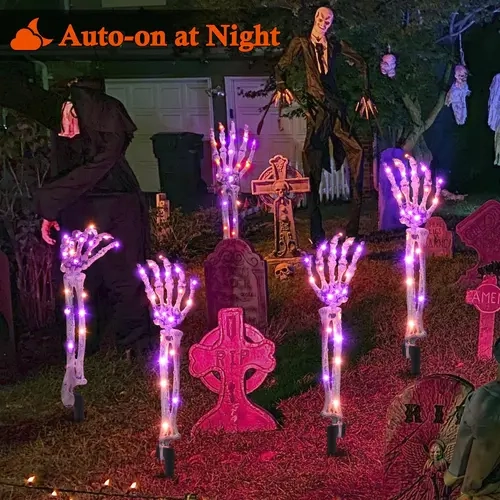5 PCS Solar-Powered IP65 Waterproof Collapsible LED Skeleton Arm Stakes, Glow-in-the-Dark 8 Modes Halloween Decorations, Purple/Orange Spooky Yet Festive Glow Rain-Ready Holiday Ornaments for Indoor-Outdoor Focal Point