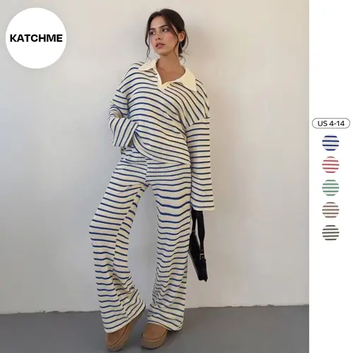 Katch Me Chic(US/CN)Women's Casual Color Matching Striped Long Sleeve Top & Wide Leg Trousers Co-ord, Soft V-Neck Loose Two Piece Sets, Breathable Anti-Pilling Womenswear