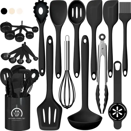 AISOON 22-Piece Silicone Kitchen Utensils Set - Chef-Approved Nonstick Cooking Utensil Kit with Spatula, Slotted Spoon, Whisk, Ladle, Fork, Pasta Tongs, Turner, Compact Holder - Heat-Resistant, Dishwasher-Safe, Khaki (Ideal for Birthdays, Christmas)