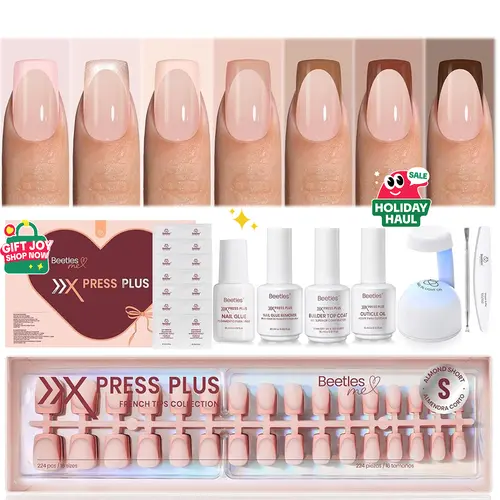 Beetles X Press Plus Fall Acrylic Press On Nails Glitter-S-Squoval-Nude-224Pcs-16Sizes-Kit, 7-Color French Tip Supplies with Glue, Remover, Builder Top Coat, Lamp for 30+ Days Long-Lasting Gel Nails At Home, Gifting (Birthday)