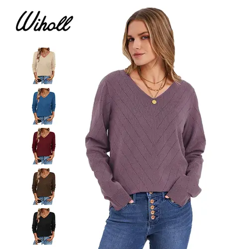 WIHOLL Women's Minimalist Nylon Elegant Crochet Oversized V-Neck Smooth Touch Knitwear - Thin, Lightweight, Breathable, Relaxed Cut Flatters Gently, Tops for Women, Business Casual Tops, Office & Holiday Wear
