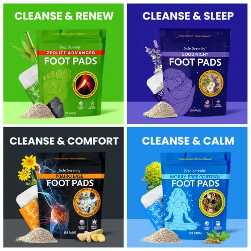 Sole Serenity Essentials Bundle - Deep Cleanse Neuro Ease Good Night Sleep & Worry-Free Cortisol Detox Foot Pads - 4 Pack for Wellness Health Benefits with Zeolite Ingredients Adaptogenic, Minerals, Fitness Footpatch
