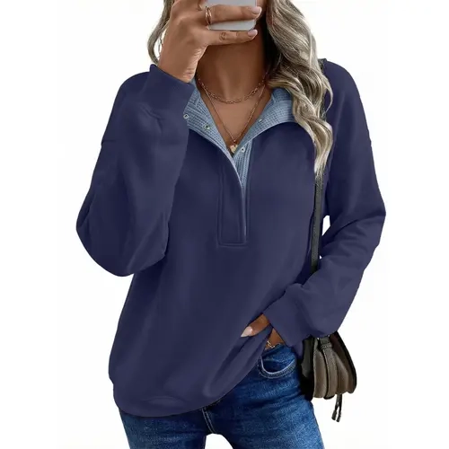 EVALESS Women's Baggy Retro Longsleeve Fleece-Lined Oversized Pullover Sweatshirt - Lapel Collar, 1/4 Snap Buttons, Colorblock, Foldable, Elegant Breathable Polyester Women's Tops, Cold Wash, Outdoors, Fall Winter 2025, Longsleeves